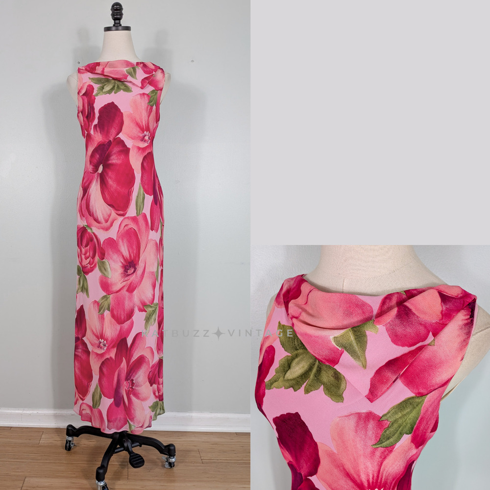 Vintage Floral Maxi Dress 4 Pink 90S Y2K Sleeveless Cowl Ricco Chiffon Guest